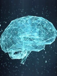 Neon blue string depiction of a brain against a dark blue background.