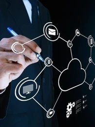 Person writing on a board showing cloud infrastructure