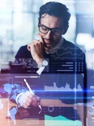 A person working on a tablet with data insights charts overlaid in pastel neon colours