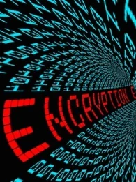 Binary code written in blue with the word 'encryption' in red