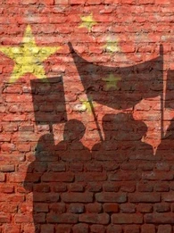 A shadow of a protesting crowd with banners against a brick wall with the EU logo on it in yellow