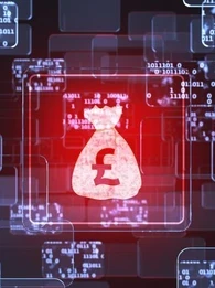 Bag of money with a GBP sign on it in front of a backdrop made up of binary code