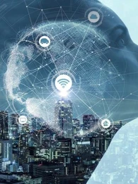 Graphic of a person's profile overlaid on a cityscape with connectivity logos (wifi, phone, tablet) dispersed over the face