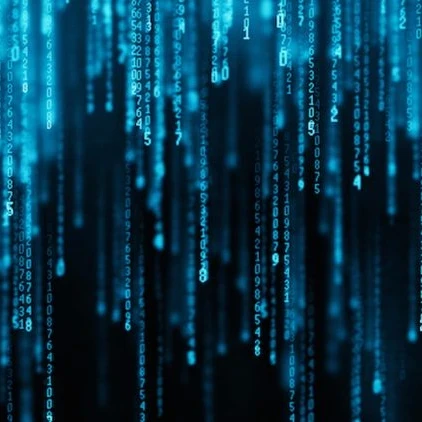 Code dropping down in a waterfall style in neon blue