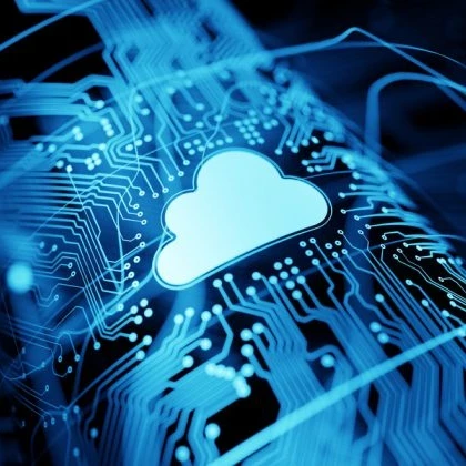A cloud symbol on a circuit-board background