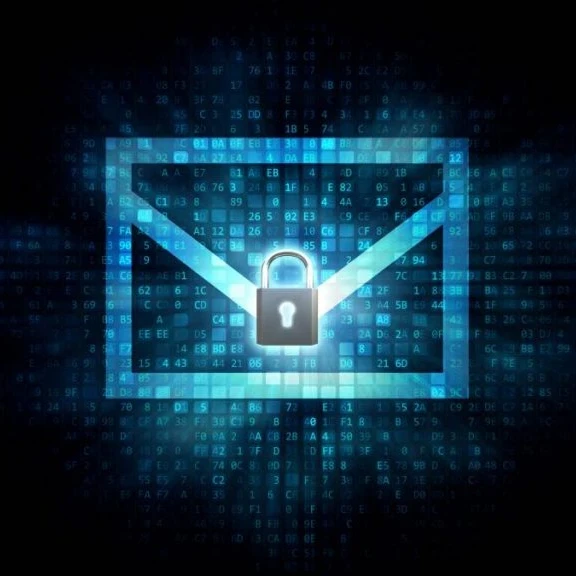 A lock on an animated envelope in front of a coding background.