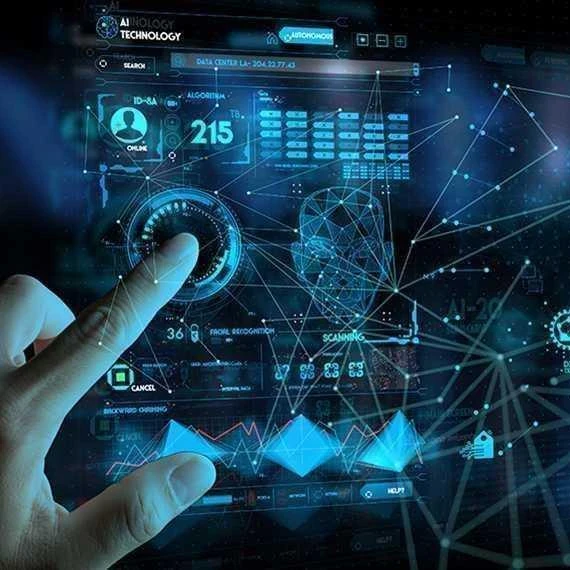 A finger pressing on a digital landscape on plexiglass.