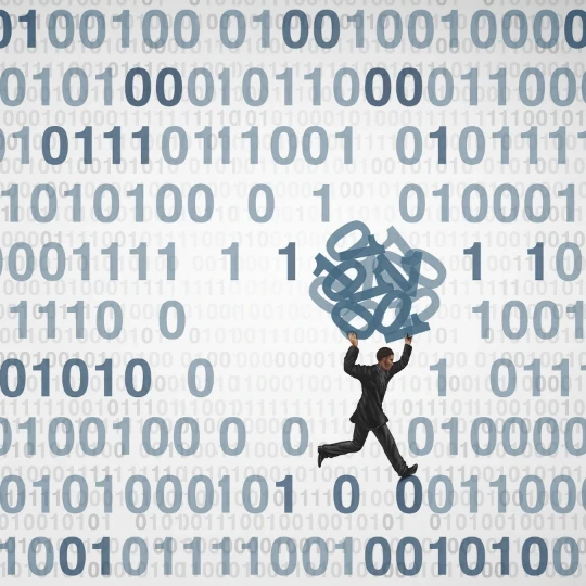 An animated person running through binary code.