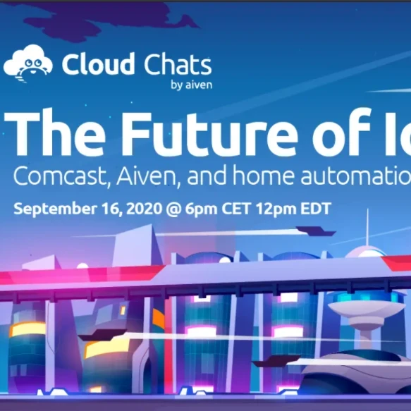 Futuristic image with the words "The Future of IoT" and the Cloud Chats by Aiven logo.