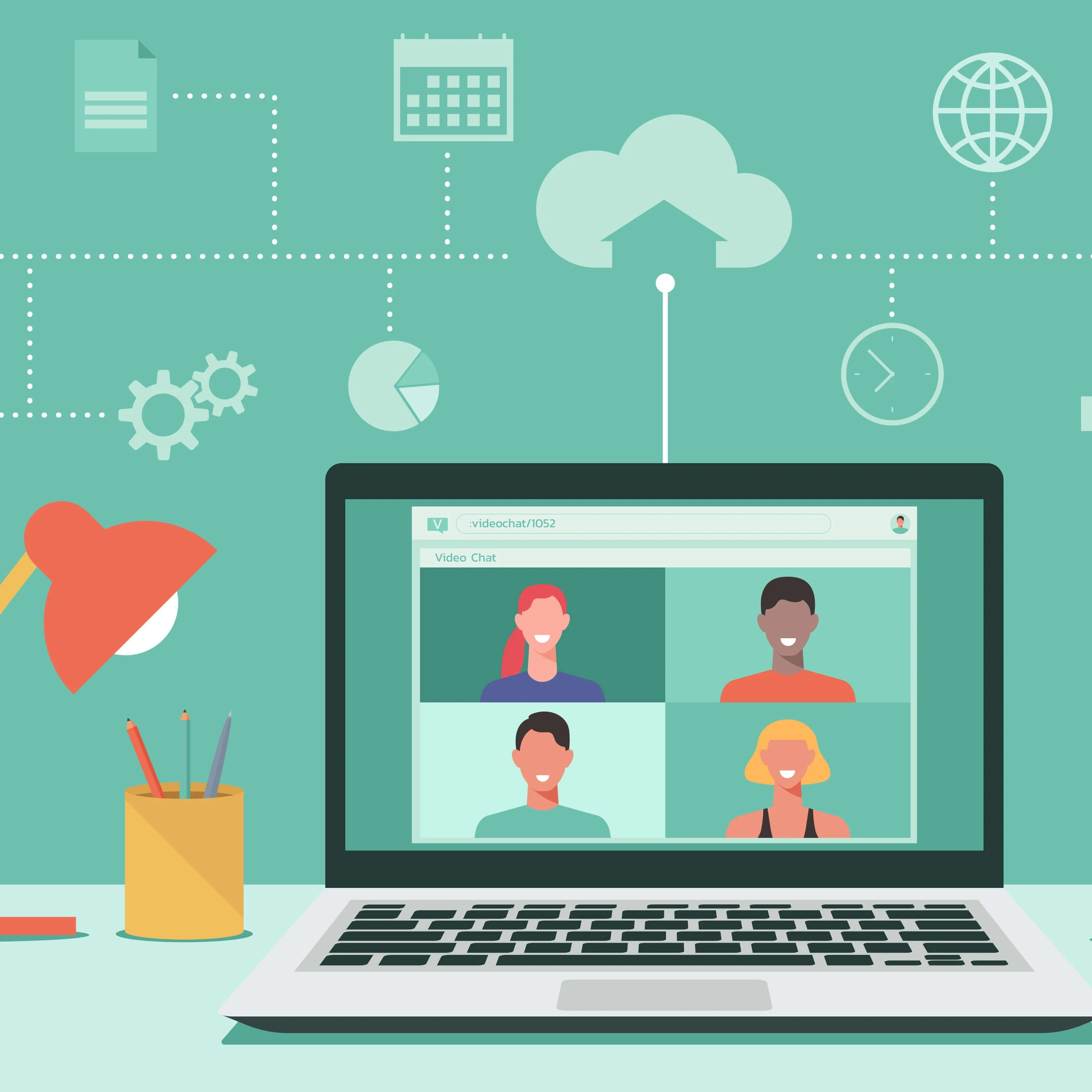 An animated depiction of an online meeting on a laptop.