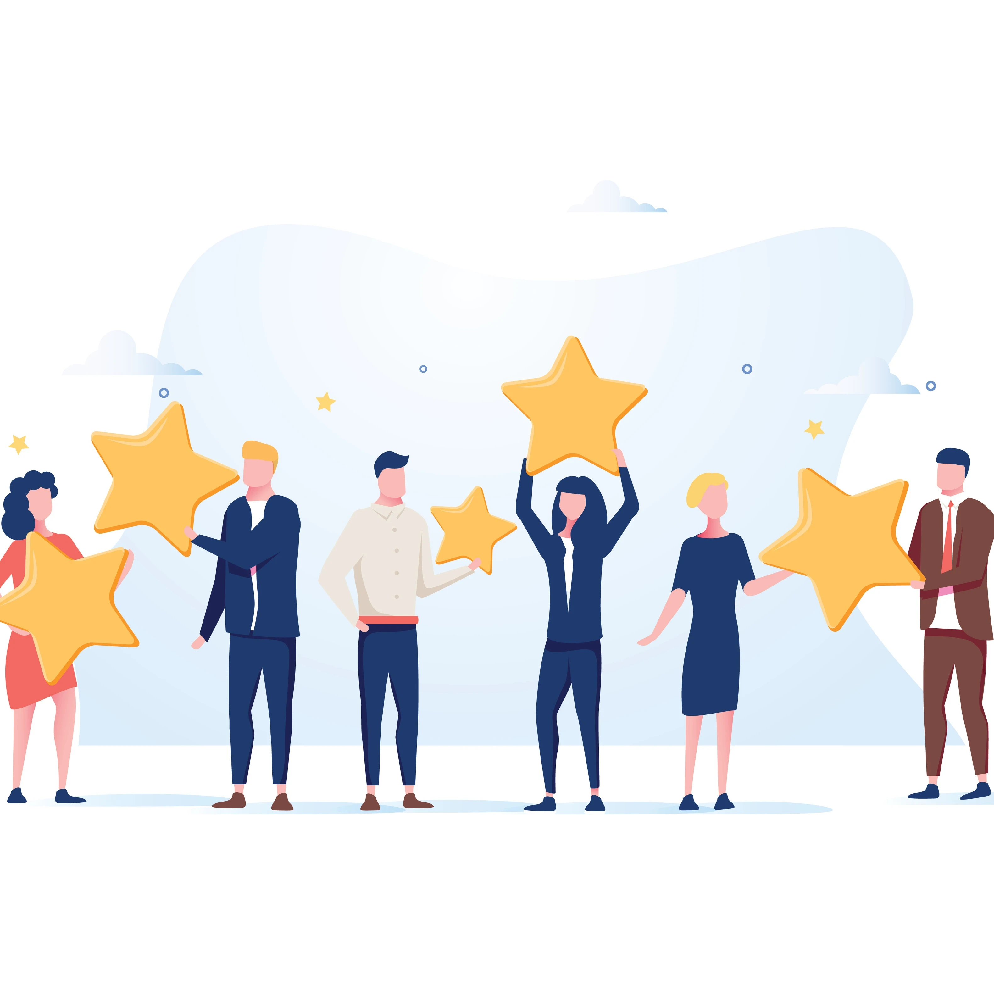 A group of animated people holding up stars.