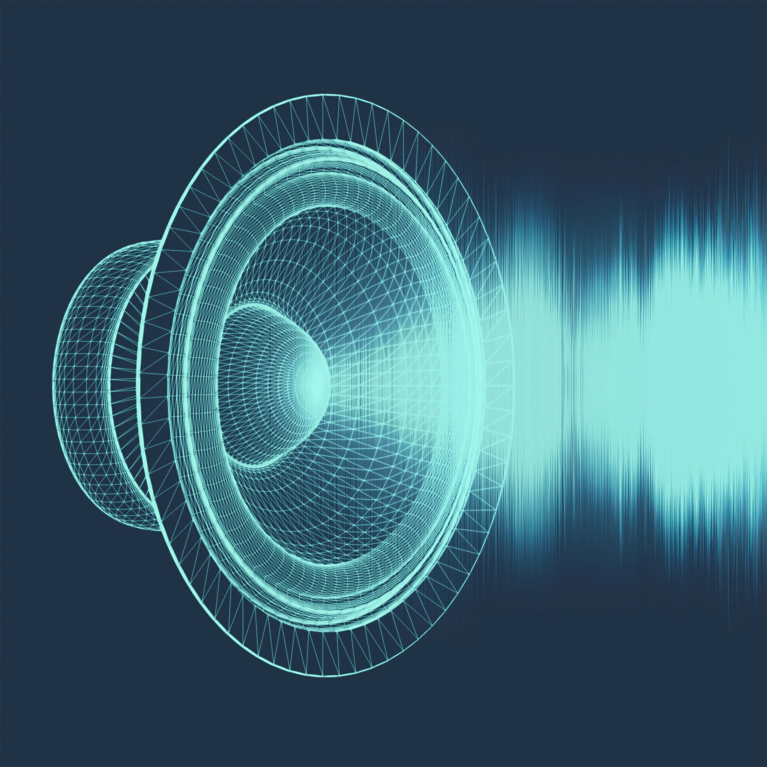 Depiction of a speaker with audio waves in light blue against a navy background.