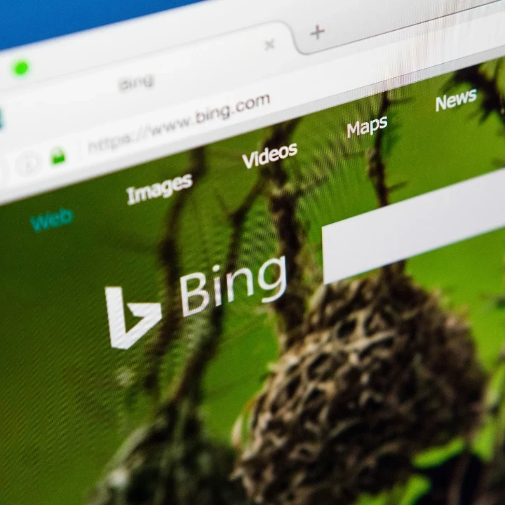Close-up of the Bing search engine on a computer screen.