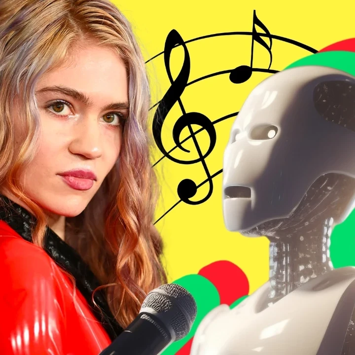 The singer Grimes alongside a robot with colorful music notes in the background.