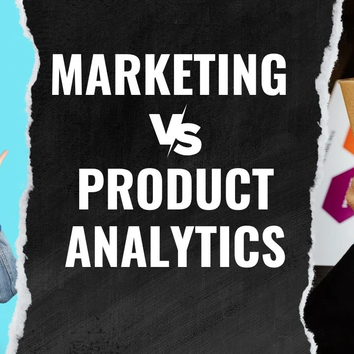 Graphic showing Marketing vs product analytics with a lady on the left shouting and a hand on the right holding up a blank box.