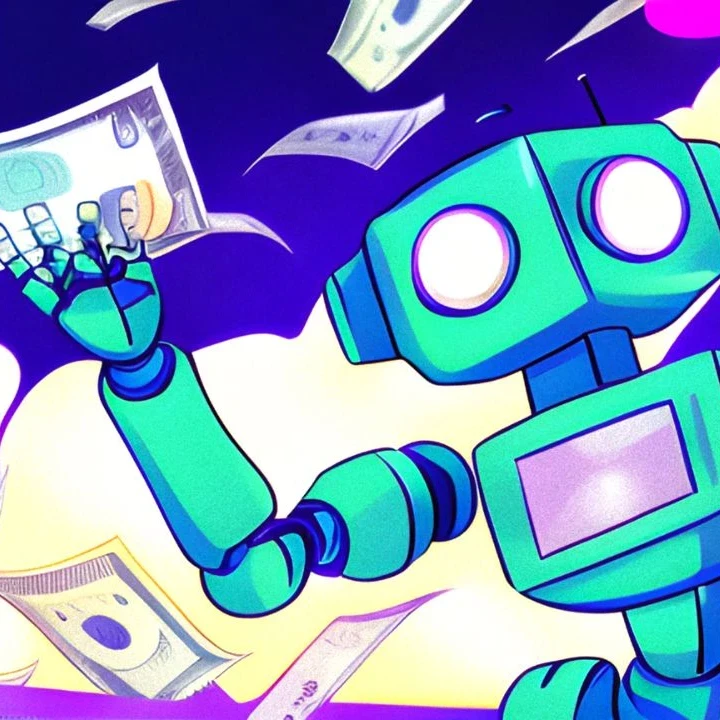 A colourful animated depiction of a robot holding money.