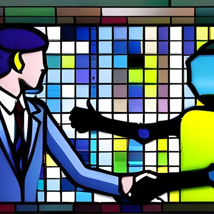 A stained glass depiction of a man and a robot shaking hands.