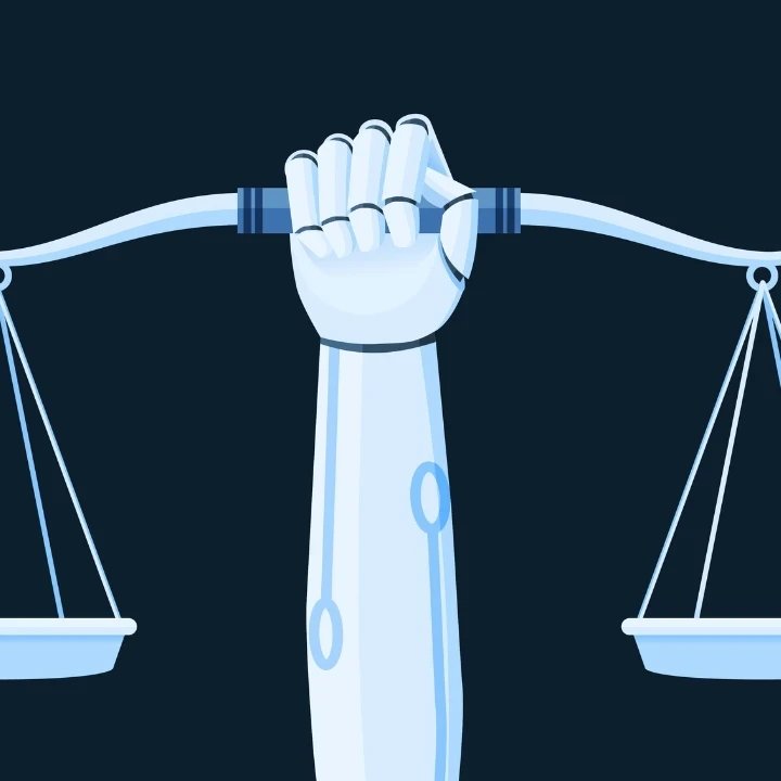 Robotic arm holding up scales.