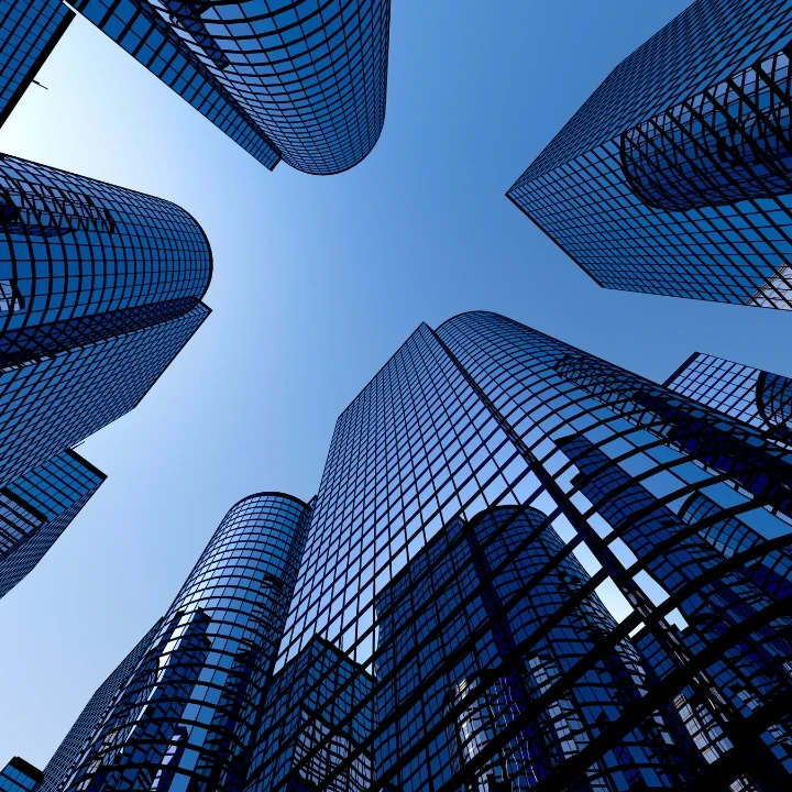 A ground-up view of skyscrapers.