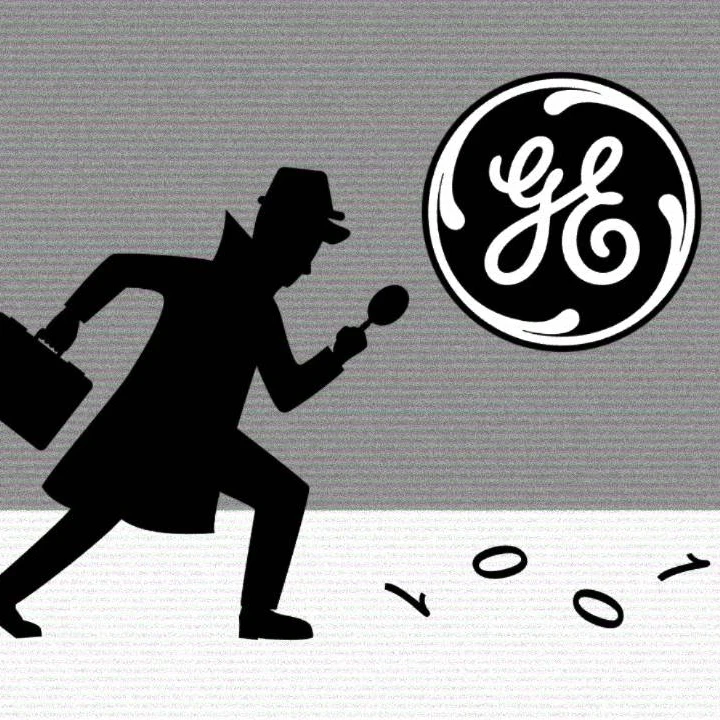 Animated spy following binary code with the General Electric logo in the background.