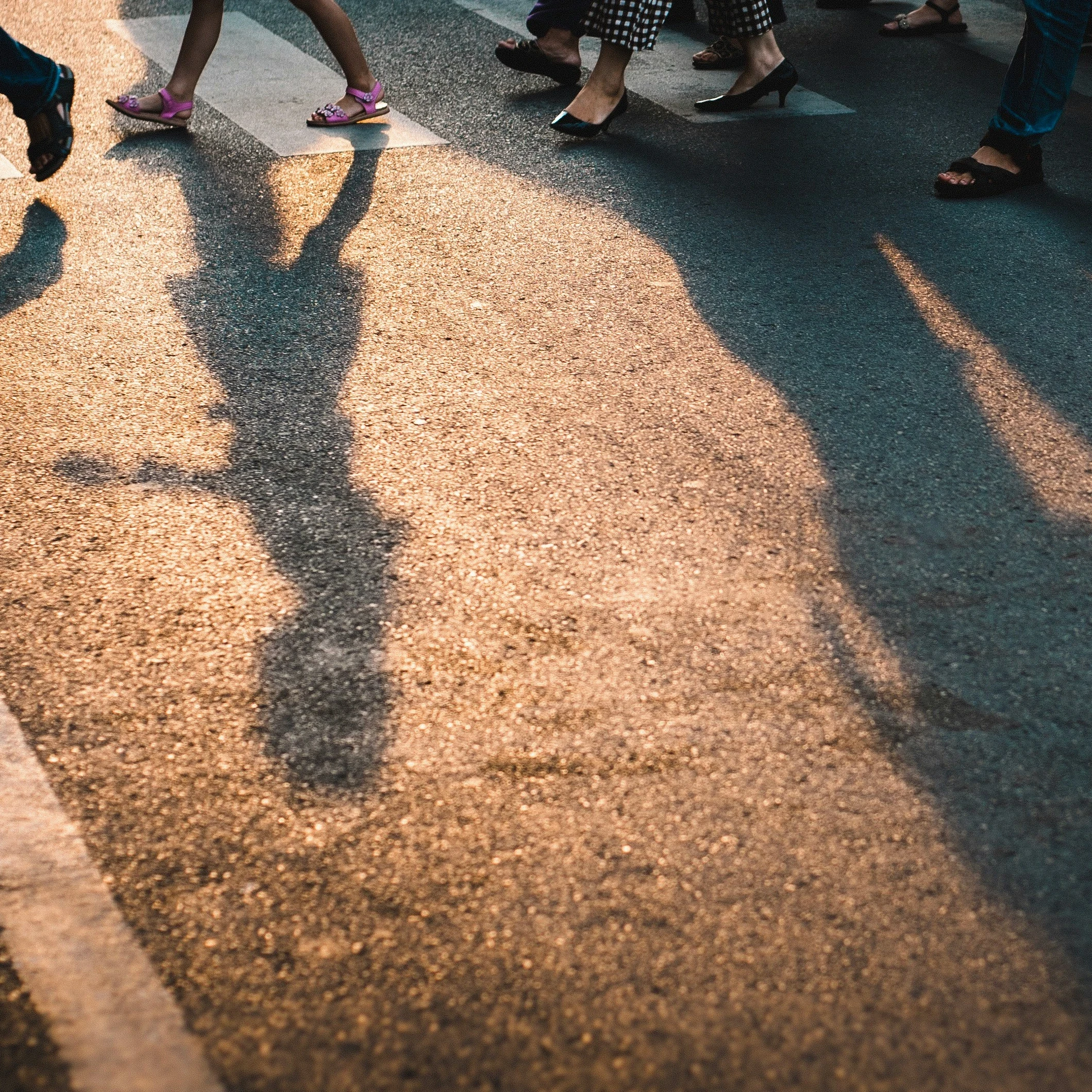 Shadows of people walking across a crosswalk.