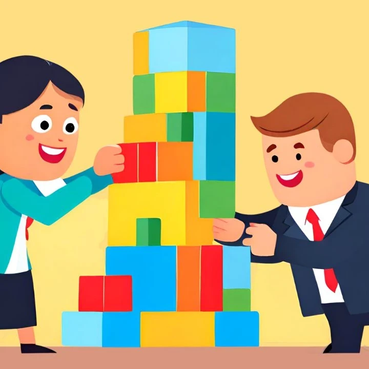 Cartoon image of a man and woman stacking colourful building blocks.