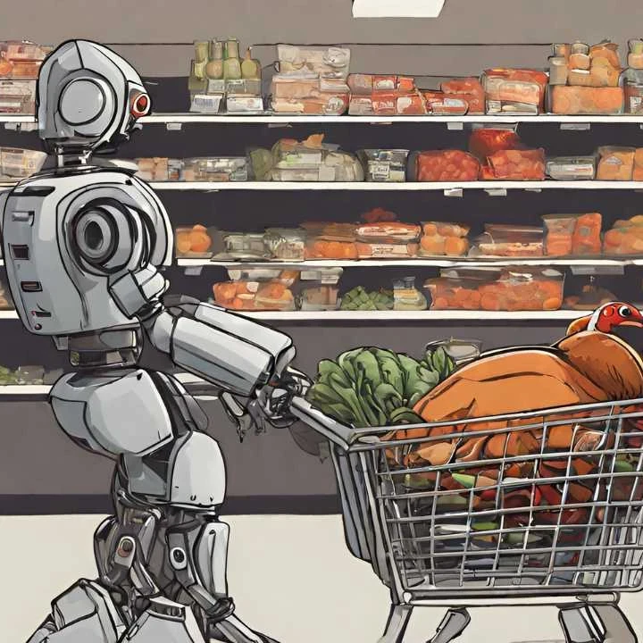 Robot pushing a shopping cart with groceries in.