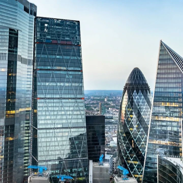 View of shiny London skyline on a clear afternoon.