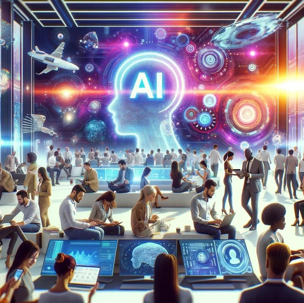A silhouette of a human with the words "AI" projected on it with people in the foreground working on laptops.