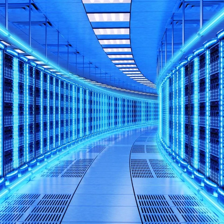 Bright blue inside of a data centre.