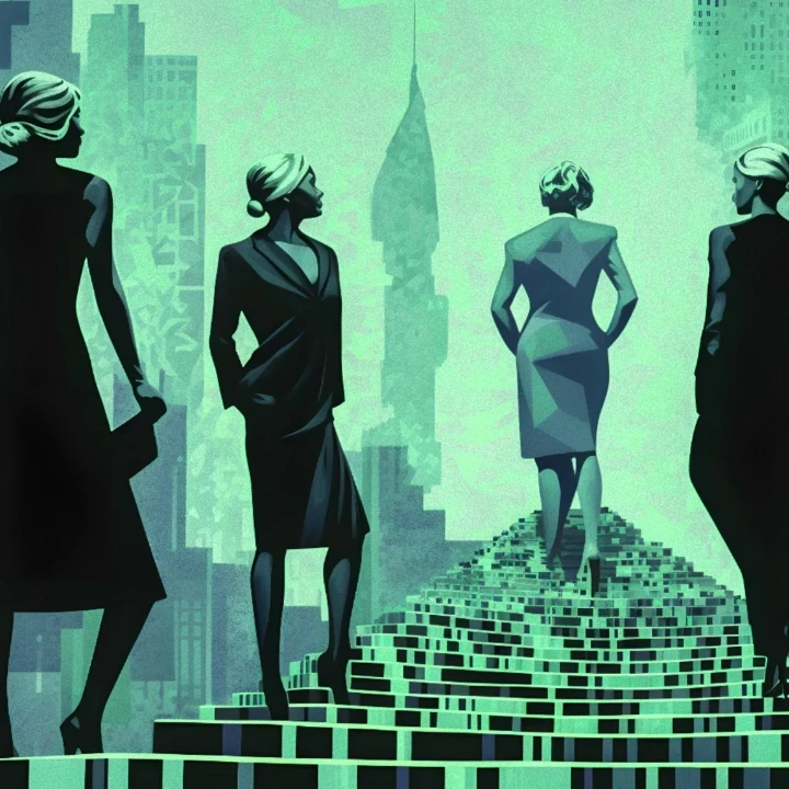 Graphic depicting four female businesspeople on a staircase amidst skyscrapers.