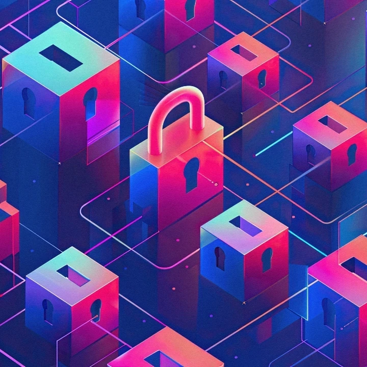 Pink and blue blocks in the form of locks on a grid.