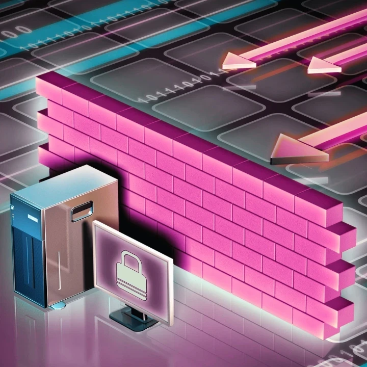 Pink and blue animated image depicting a locked computer screen and stand with a wall behind it depicting a cyberattack coming from behind.