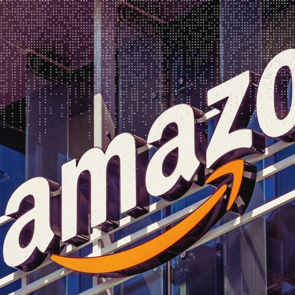Large Amazon logo on the side of a building.