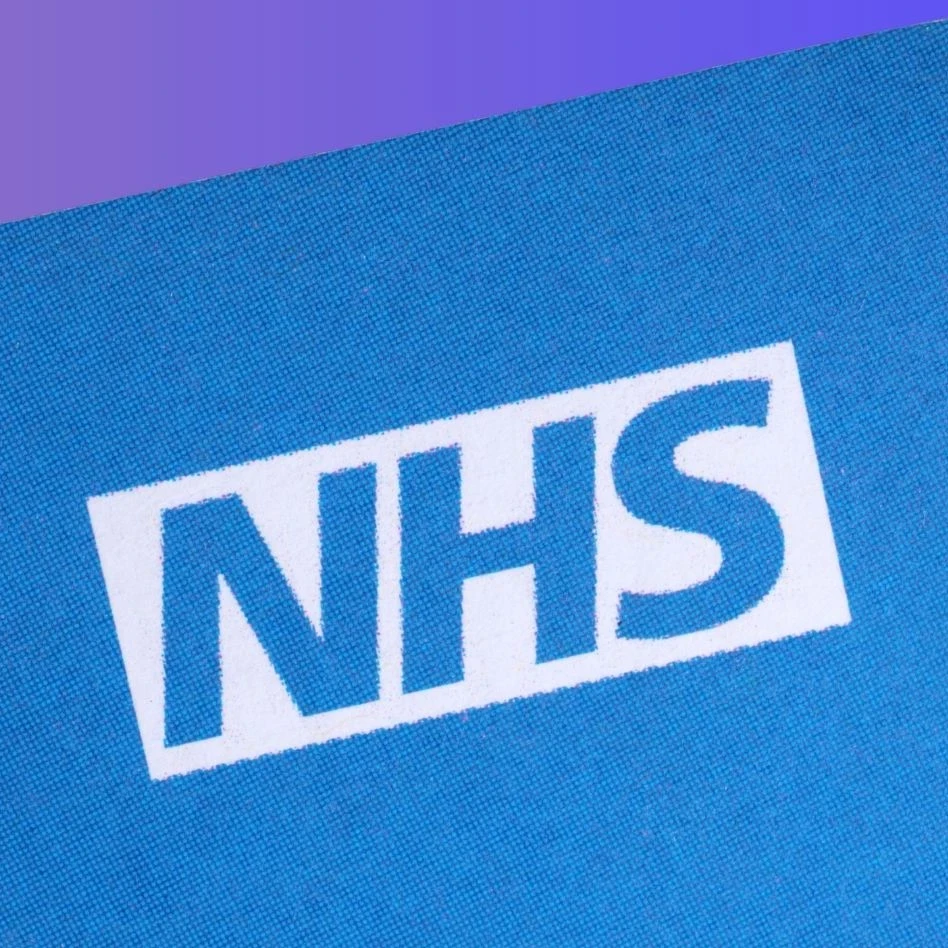 NHS logo on a blue background.