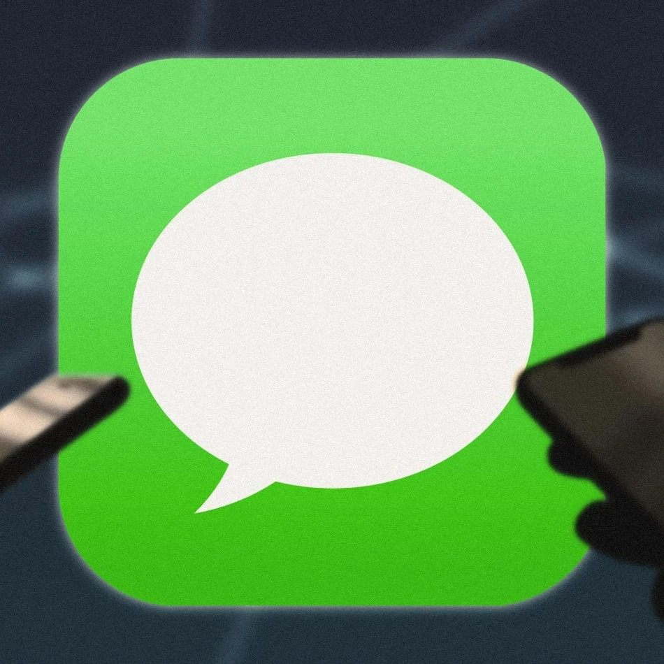 Apple iMessage application is experiencing a surge in phishing attacks. The photo depicts the Apple iMessage icon in background with two people holding iphones in the front. 