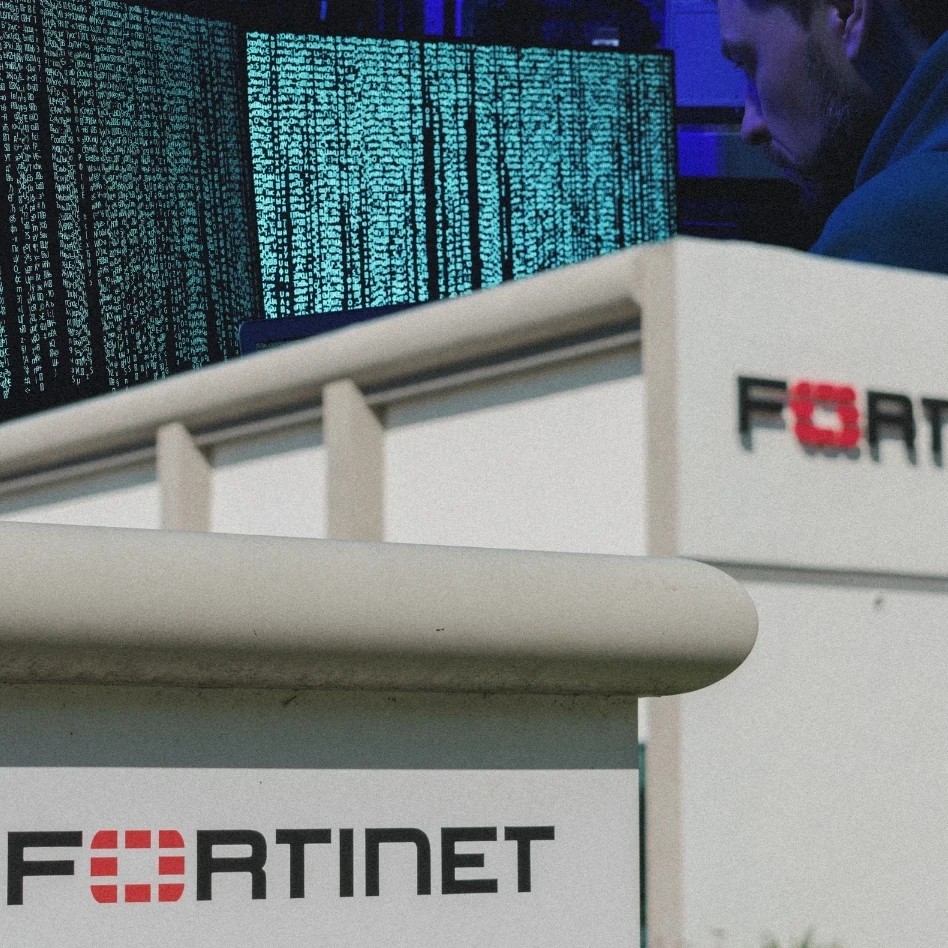 Image shows Fortinet office in the front and a cybercriminal hacking into systems in the background.