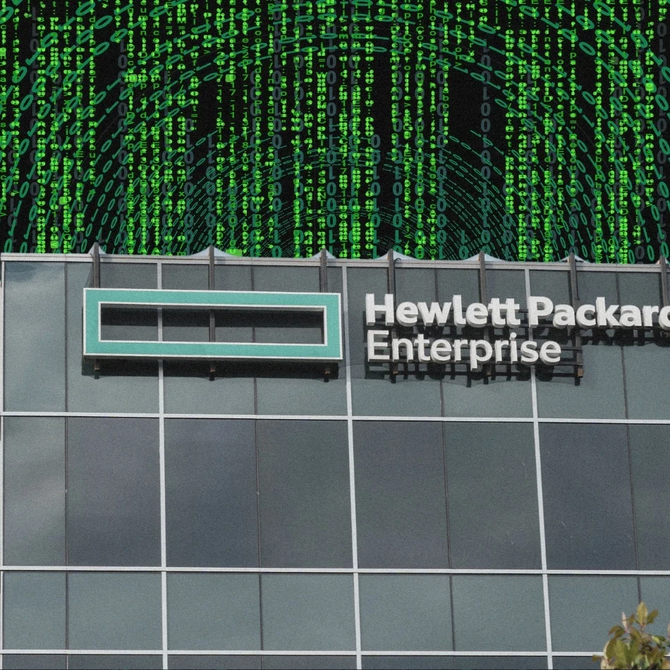 hpe is investigating a cybersecurity breach after a hacker claimed data theft. Photo depicts HPE office with a backdrop of numbers going in circles to indicate cyber threat