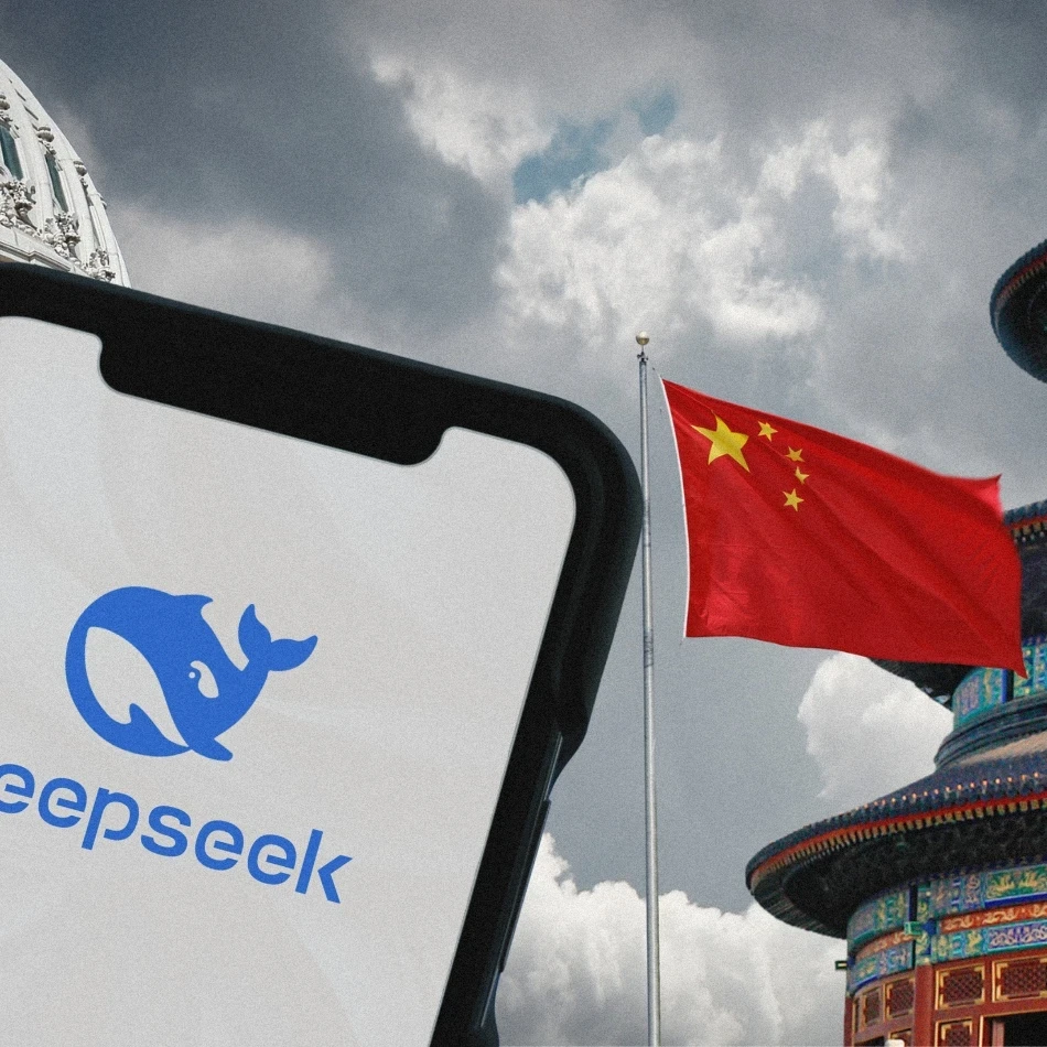 what is deepseek. image depicts deepseek app on mobile with background depicting US and Chinese national symbols: The Capitol in Washington DC and Temple of Heaven in Beijing with national flags. 