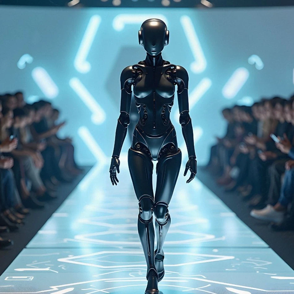 Robot "model" walking a runway while people look on.