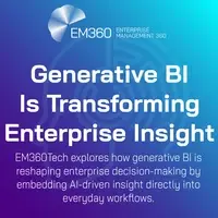 Gradient banner in purple and teal tones featuring the EM360Tech logo and branding. The headline reads: "Generative BI Is Transforming Enterprise Insight". Below, a subtitle says: "EM360Tech explores how generative BI is reshaping enterprise decision-making by embedding AI-driven insight directly into everyday workflows." The design includes a subtle digital maze motif in the background, representing data intelligence.