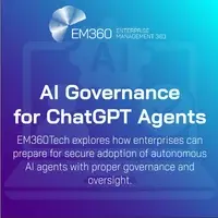 EM360Tech banner with the title "AI Governance for ChatGPT Agents" and subtitle "EM360Tech explores how enterprises can prepare for secure adoption of autonomous AI agents with proper governance and oversight," displayed on a blue gradient background with faint AI gear and checklist icons.