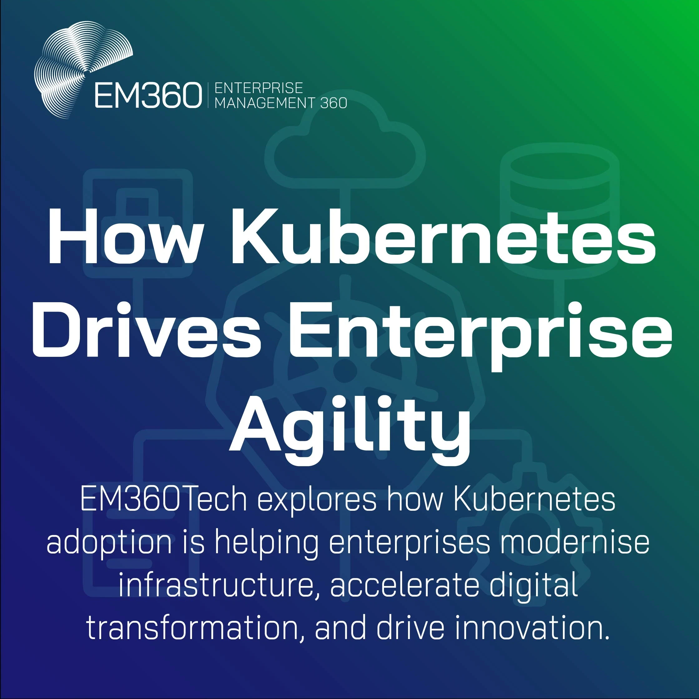 EM360Tech header graphic with gradient blue-to-green background. White text reads ‘How Kubernetes Drives Enterprise Agility’. Subtext explains that EM360Tech explores how Kubernetes adoption helps enterprises modernise infrastructure, accelerate digital transformation, and drive innovation. Faint Kubernetes line icons appear in the background.