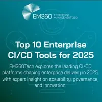 EM360Tech banner titled "Top 10 Enterprise CI/CD Tools for 2025" with text stating EM360Tech explores leading CI/CD platforms shaping enterprise delivery in 2025, highlighting scalability, governance, and innovation.