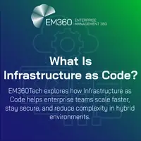 EM360Tech banner graphic titled “What Is Infrastructure as Code?”, featuring cloud and gear icons on a gradient background with a subtitle about scaling securely in hybrid environments.