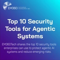 Promotional graphic from EM360Tech with a blue and purple gradient background. The text reads: “Top 10 Security Tools for Agentic Systems. EM360Tech shares the top 10 security tools enterprises can use to protect agentic AI systems and reduce emerging risks.” The EM360 Enterprise Management 360 logo appears at the top left.
