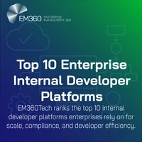 Cover graphic for EM360Tech article titled 'Top 10 Enterprise Internal Developer Platforms.' The background has a blue-to-green gradient with faint line art of gears, flowcharts, and cloud icons. The text highlights the article’s focus on ranking the top 10 IDPs enterprises rely on for scale, compliance, and developer efficiency. EM360 logo appears in the top left.