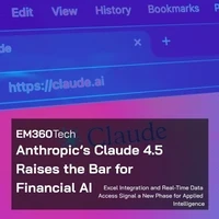 A digital banner for EM360Tech featuring the headline “Anthropic’s Claude 4.5 Raises the Bar for Financial AI” with the subheading “Excel Integration and Real-Time Data Access Signal a New Phase for Applied Intelligence.” The background shows a stylised, neon-lit image of silhouetted people walking in front of an abstract Anthropic logo, evoking a futuristic, technology-driven atmosphere.