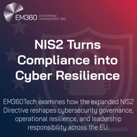 A digital banner for EM360Tech titled “NIS2 Turns Compliance into Cyber Resilience.” The background fades from navy blue to magenta with a faint padlock and shield graphic symbolising cybersecurity. The EM360Tech logo appears in the top left, and text below the title explains that the article explores how the expanded NIS2 Directive reshapes cybersecurity governance, operational resilience, and leadership responsibility across the EU.