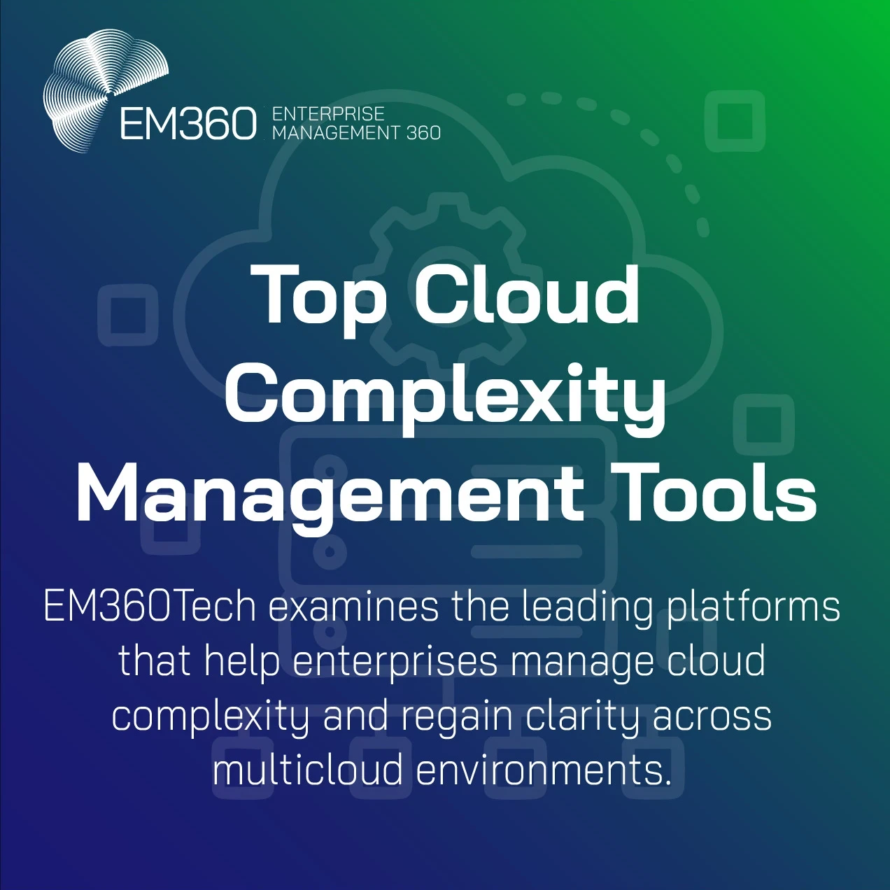 A gradient blue-to-green graphic featuring the EM360 logo in the top left and a faint line-art cloud with a cog in the background. The headline “Top Cloud Complexity Management Tools” appears prominently in white, with a subheading explaining that EM360Tech examines leading platforms that help enterprises manage cloud complexity across multicloud environments.